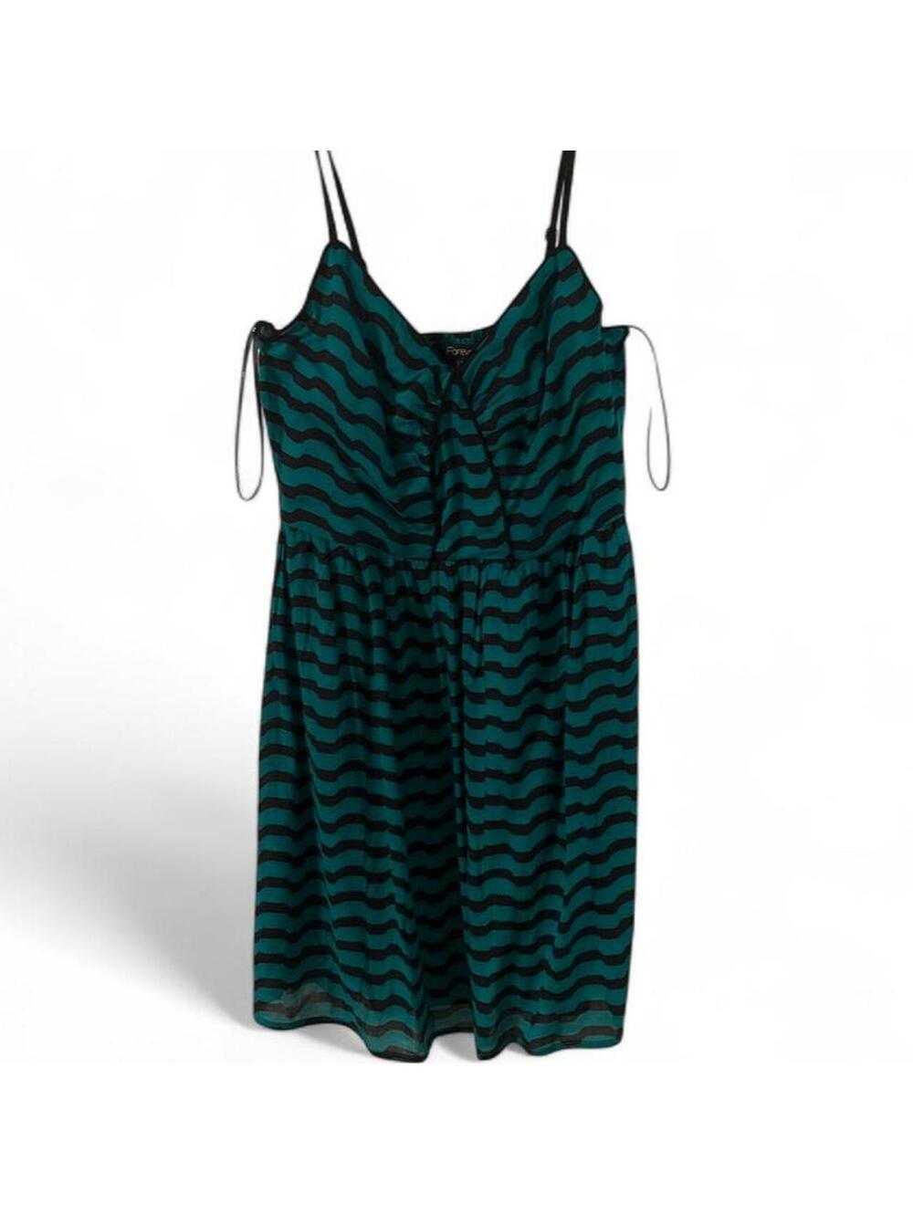 Forever 21 Green Black Striped Smocked Mini Dress Size L - Picture 1 of 4